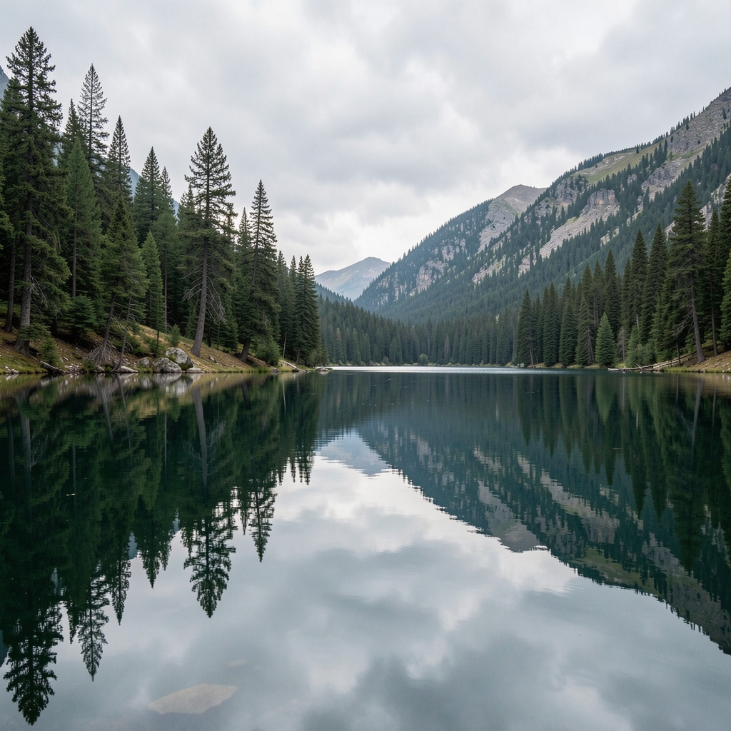 Still surface of a calm mountain lake reflecting pine trees and overcast sky, evoking quiet introspection