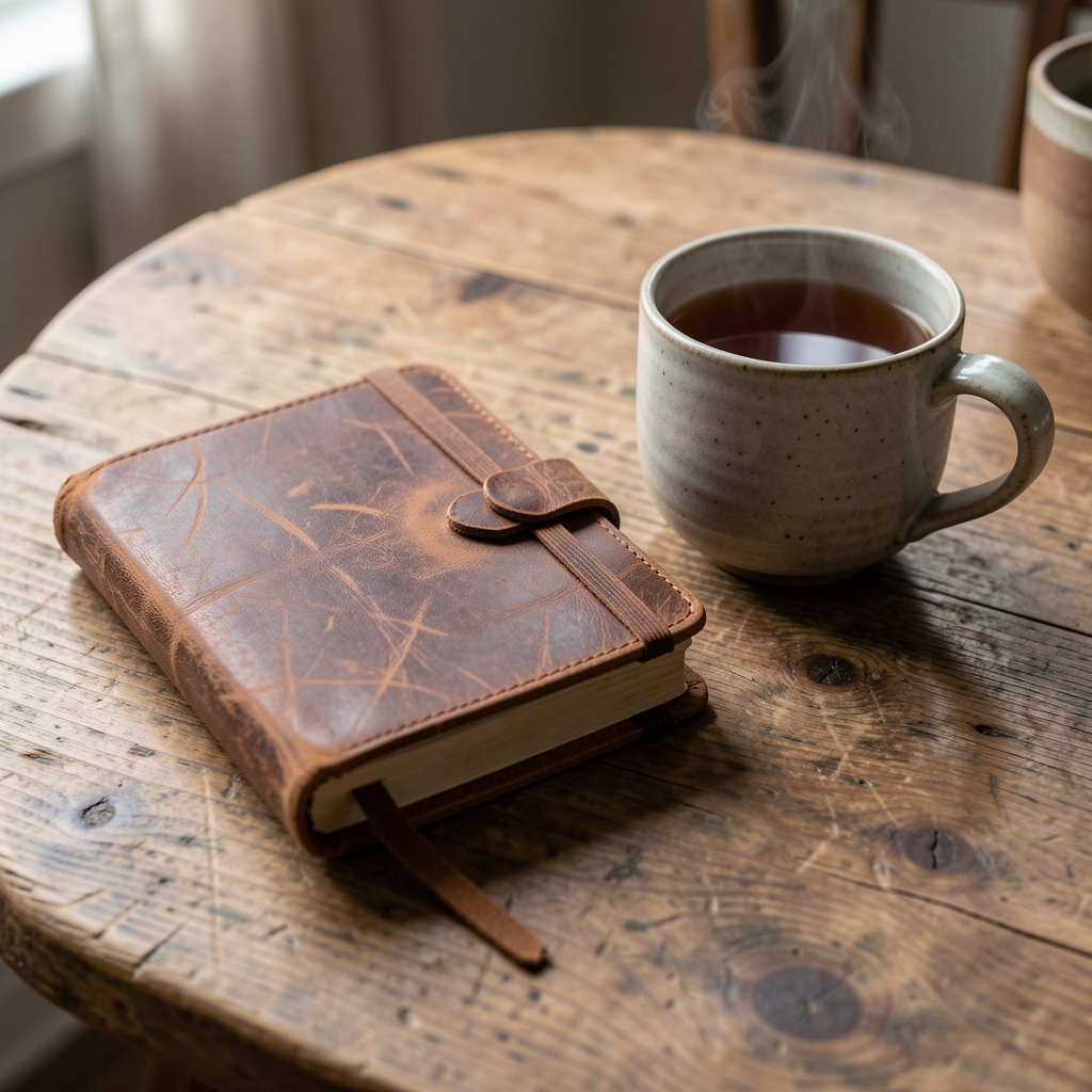 Worn leather journal and a ceramic cup of tea on a wooden table, suggesting focused reflection and deliberate daily routine