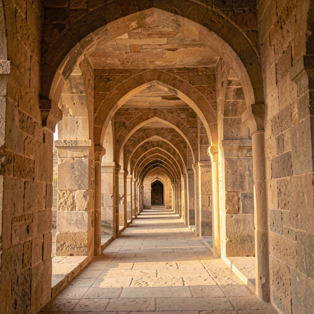 Ancient stone architecture corridor with arched passageways in warm afternoon light, evoking historical practices of structured daily life